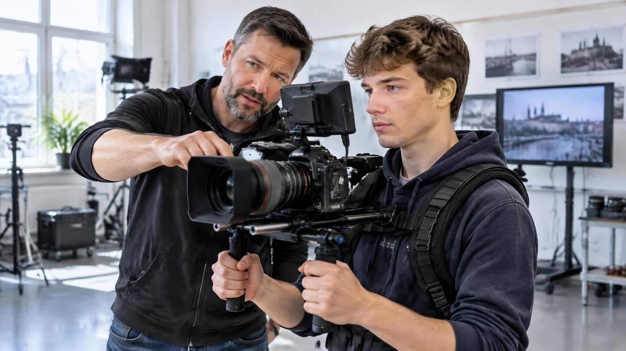 Instructor teaching a student how to operate a video camera