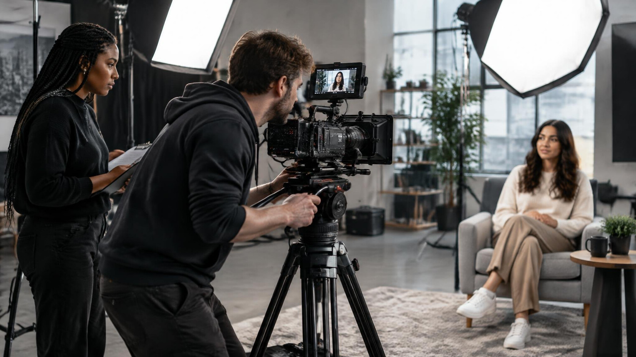 Film crew shooting a scene with a professional video camera