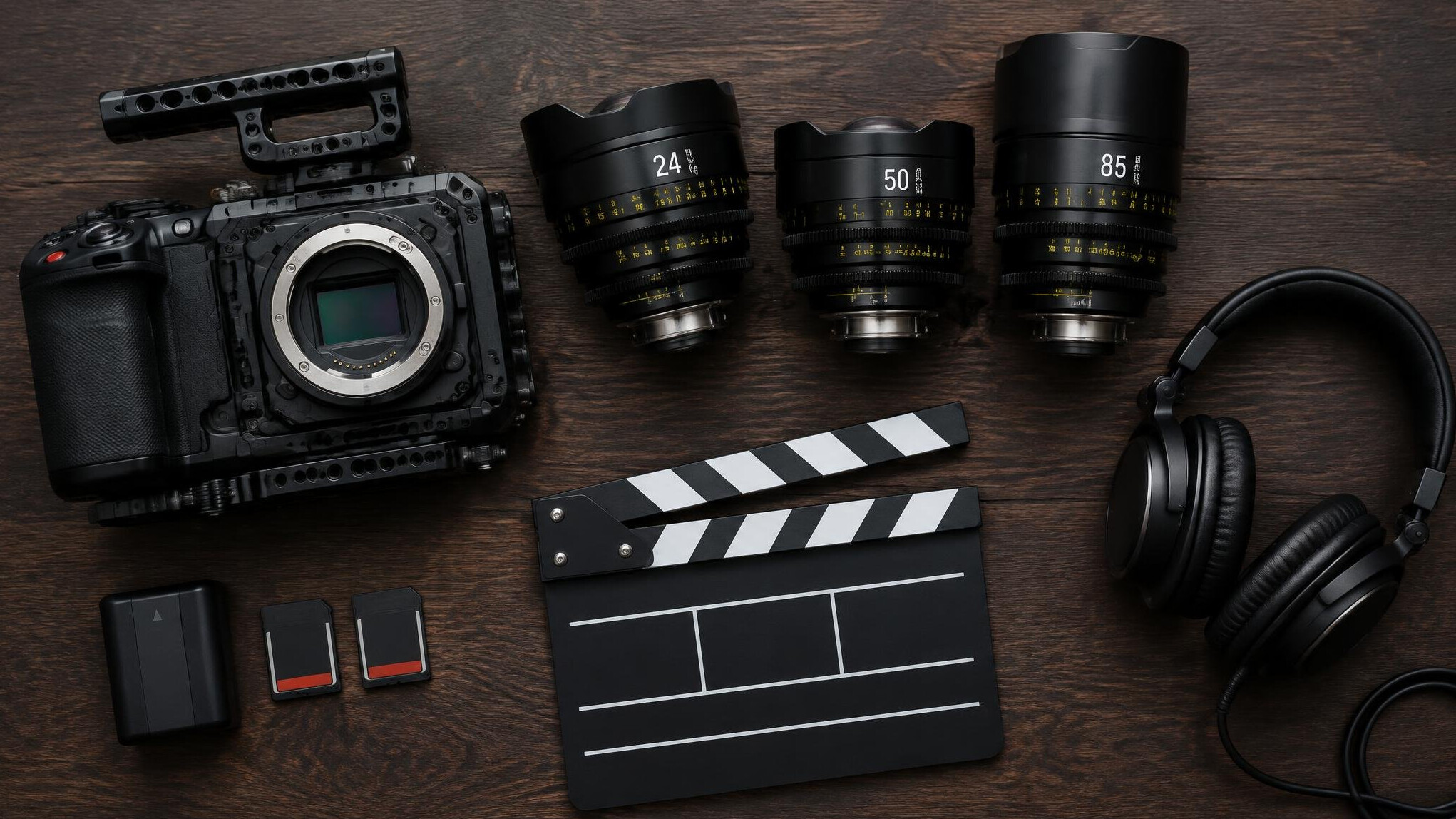 Close-up of professional video camera and lens equipment