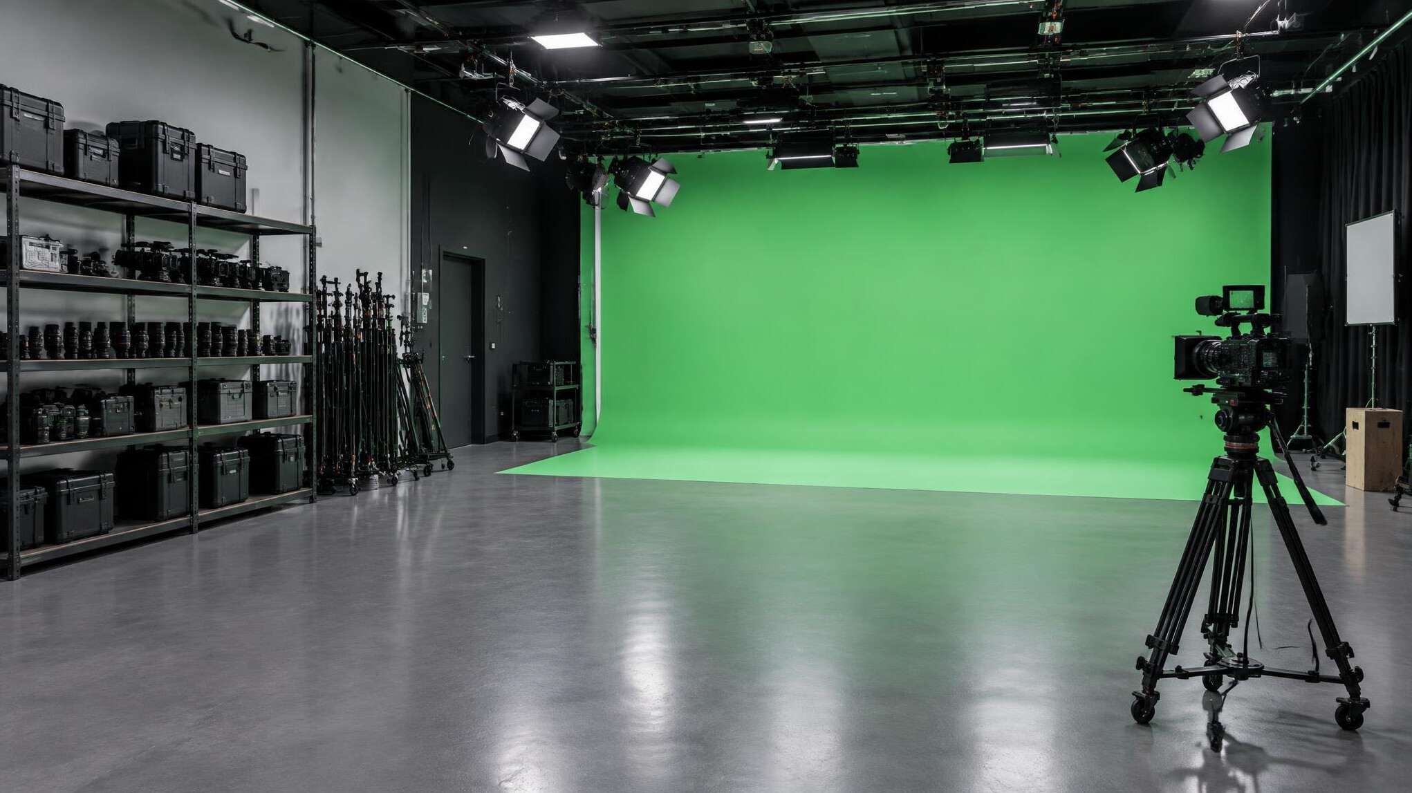 Interior of a modern video production studio with lighting equipment