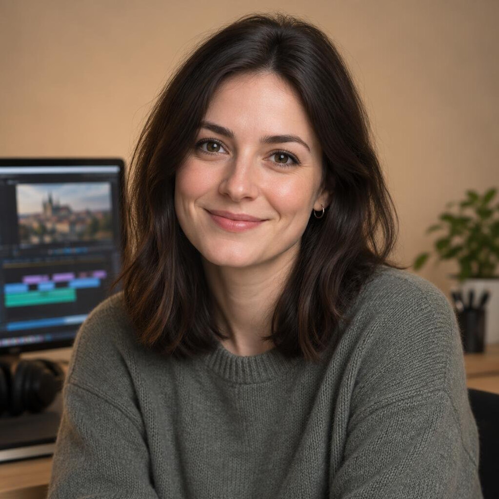 Studio portrait of a Czech woman, video editor