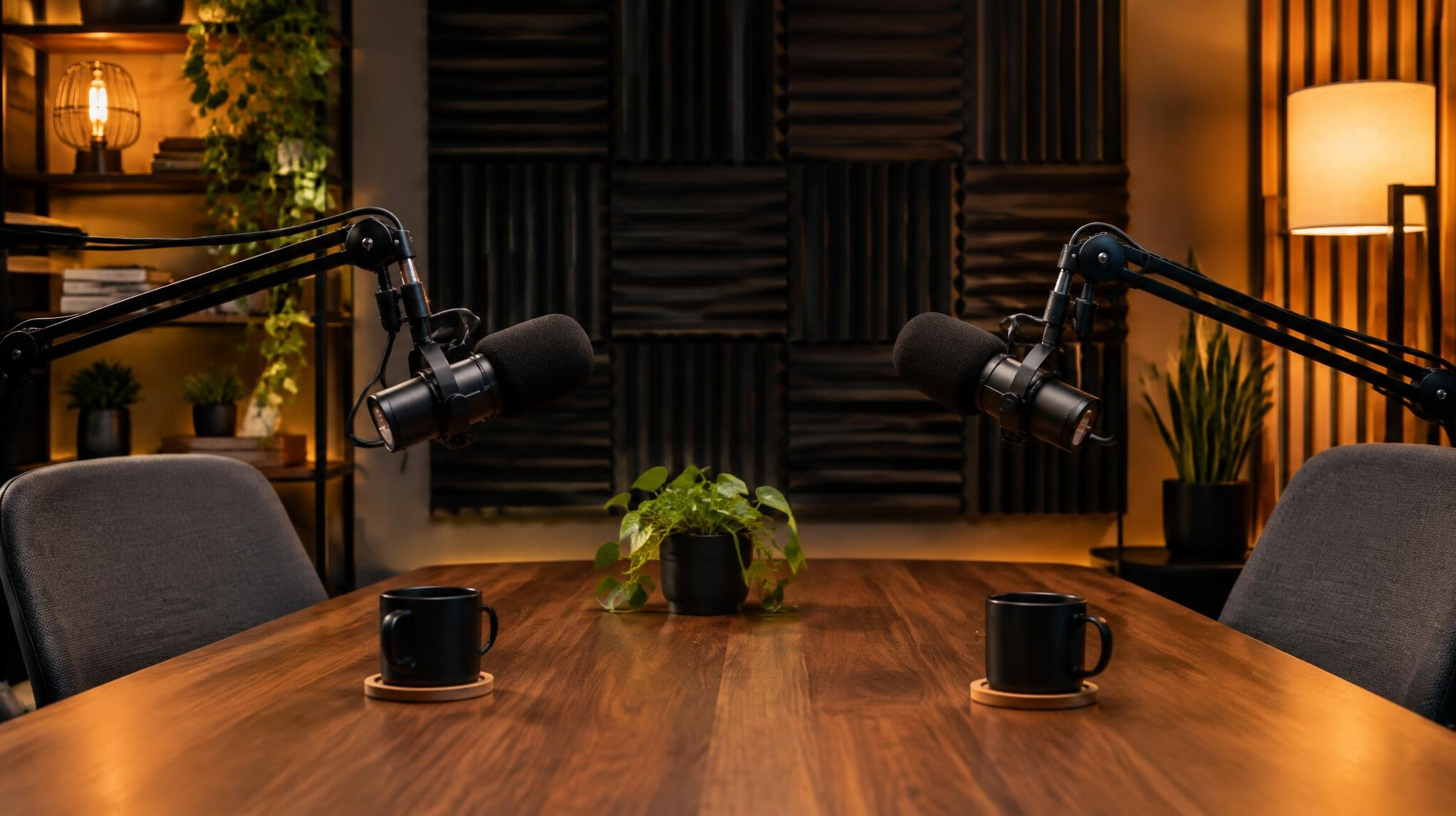 Podcast studio with microphones and recording equipment