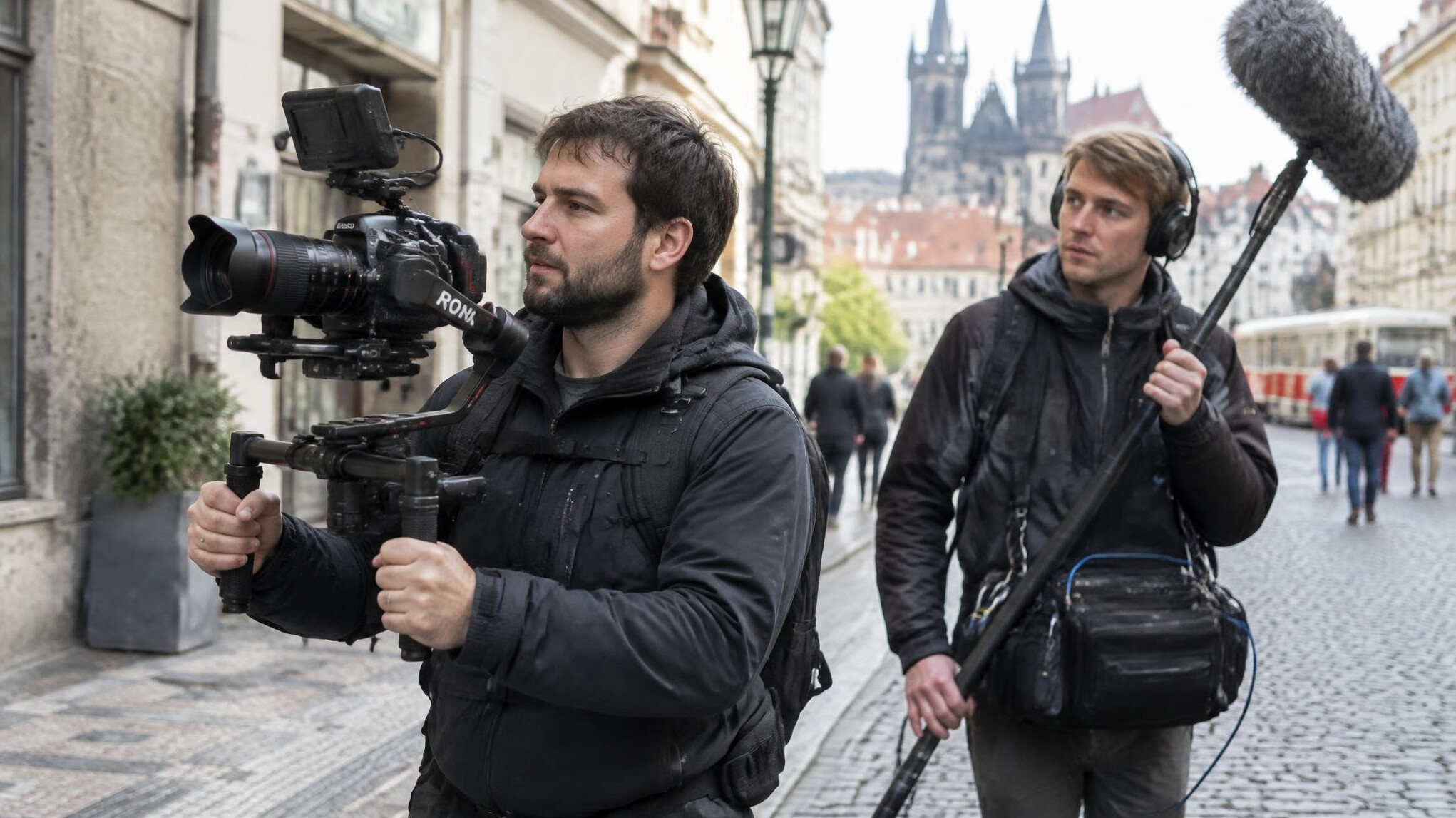 Documentary film crew filming outdoors with camera equipment