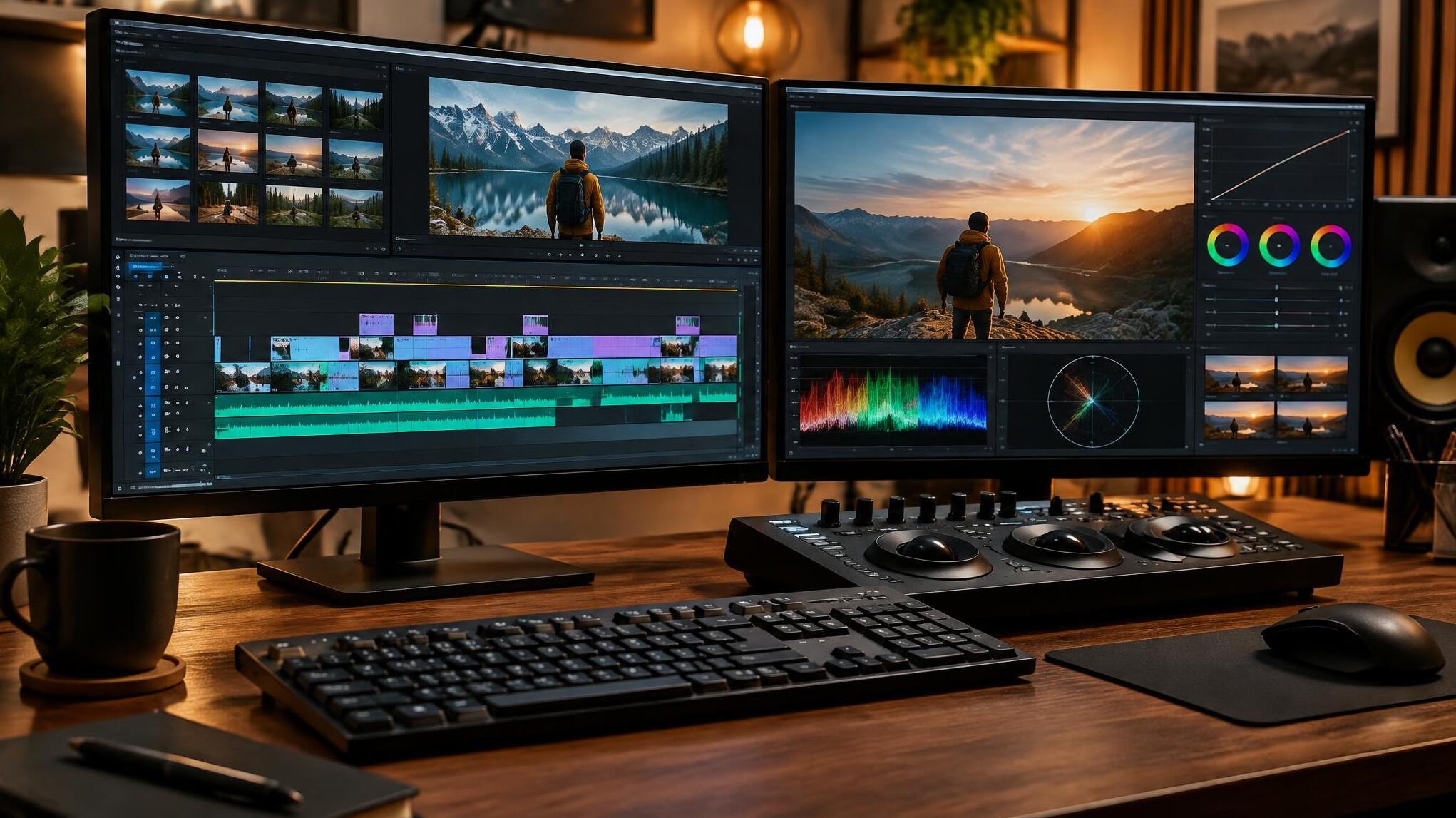 Video editor working on footage at a desktop workstation