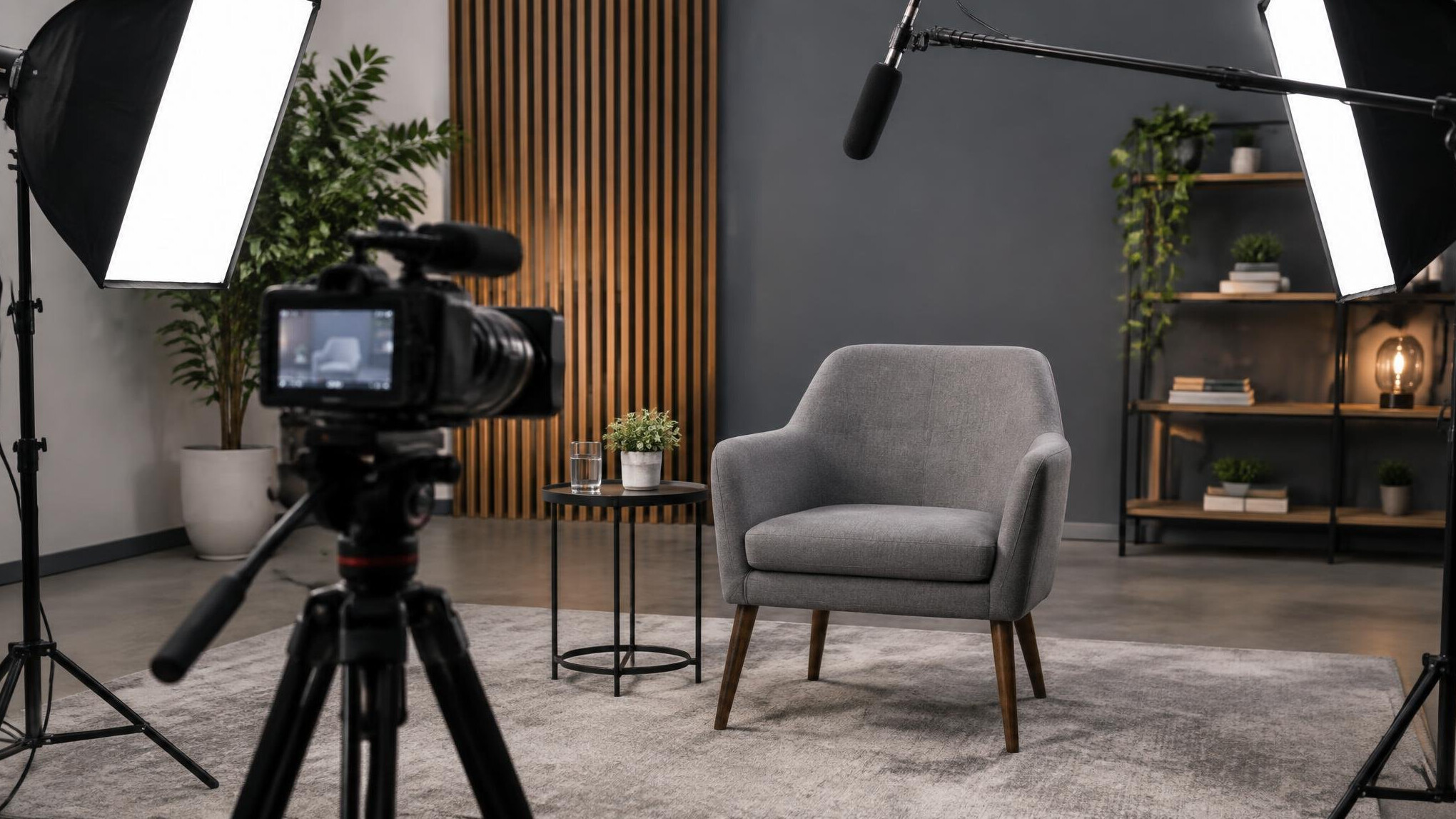 Camera and softbox lights set up for a studio interview
