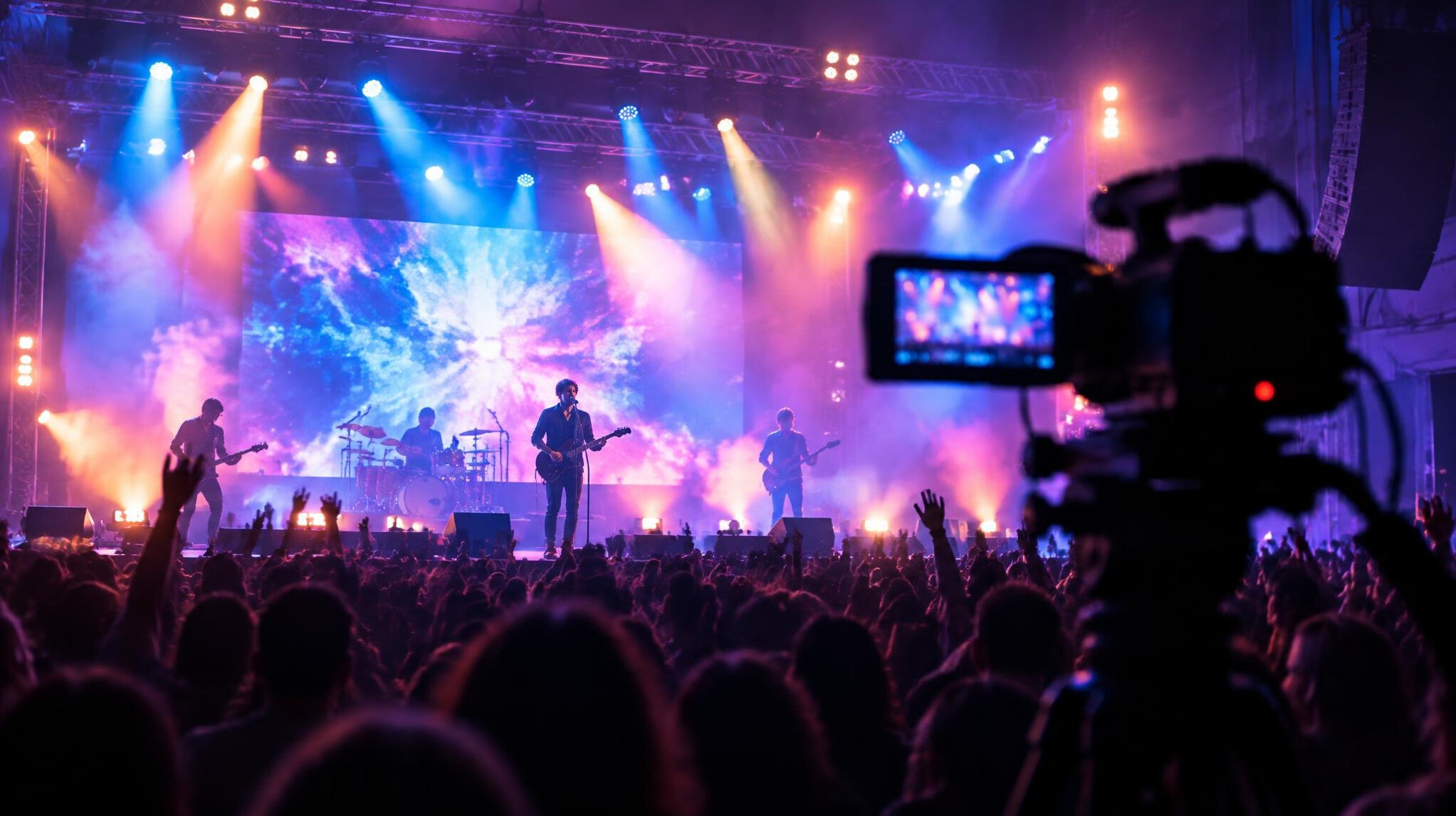 Camera filming a live concert event on stage